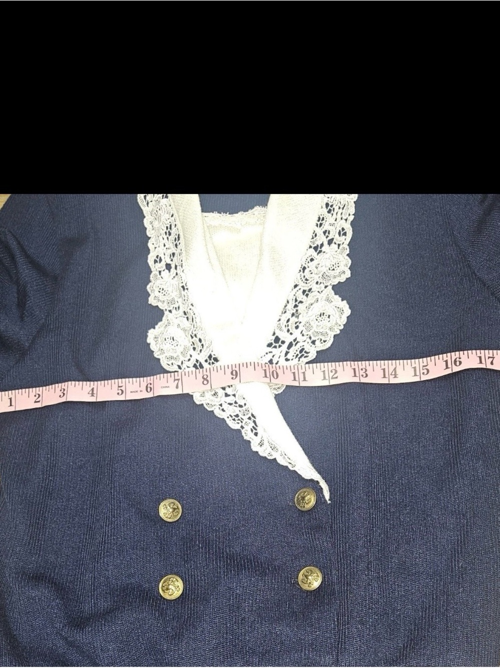 Vintage Nilani Navy Blue Off White Lace Trim knit Cardigan Coquette Sweater M - Picture 9 of 13